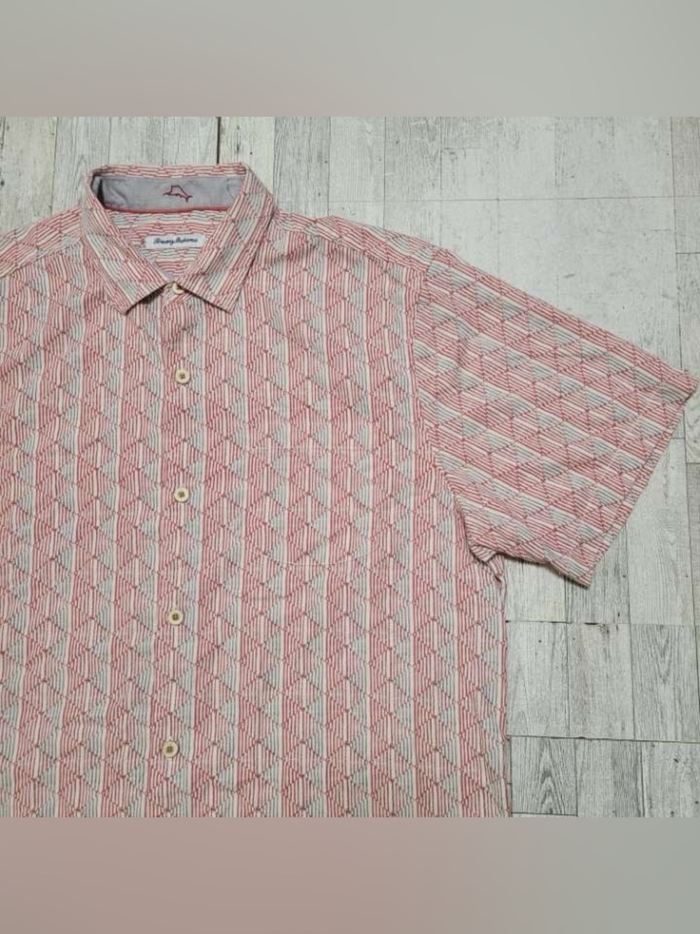 Men's Tommy Bahama Silk Red Grey Geometric Print Button Up Shirt Size XL